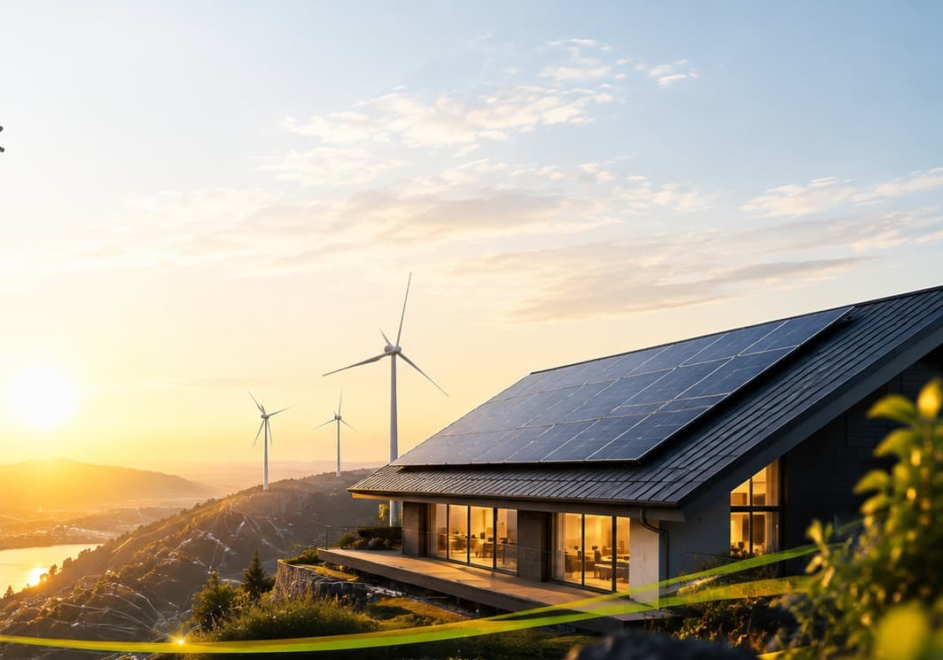 Modernes Solarhaus in einer hügeligen Landschaft bei warmem Abendlicht